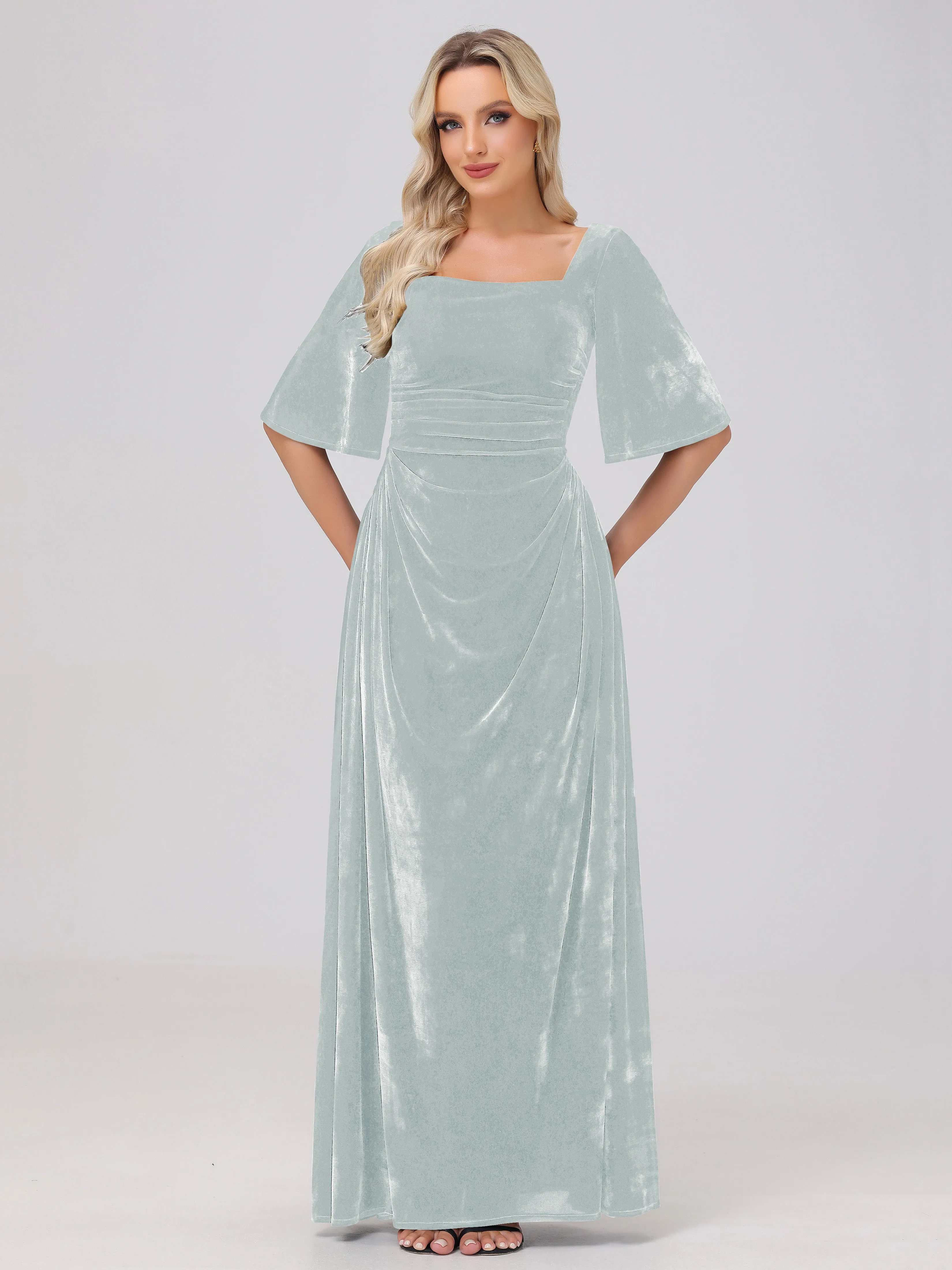 Half Sleeves Square Neck Velvet Bridesmaid Dresses