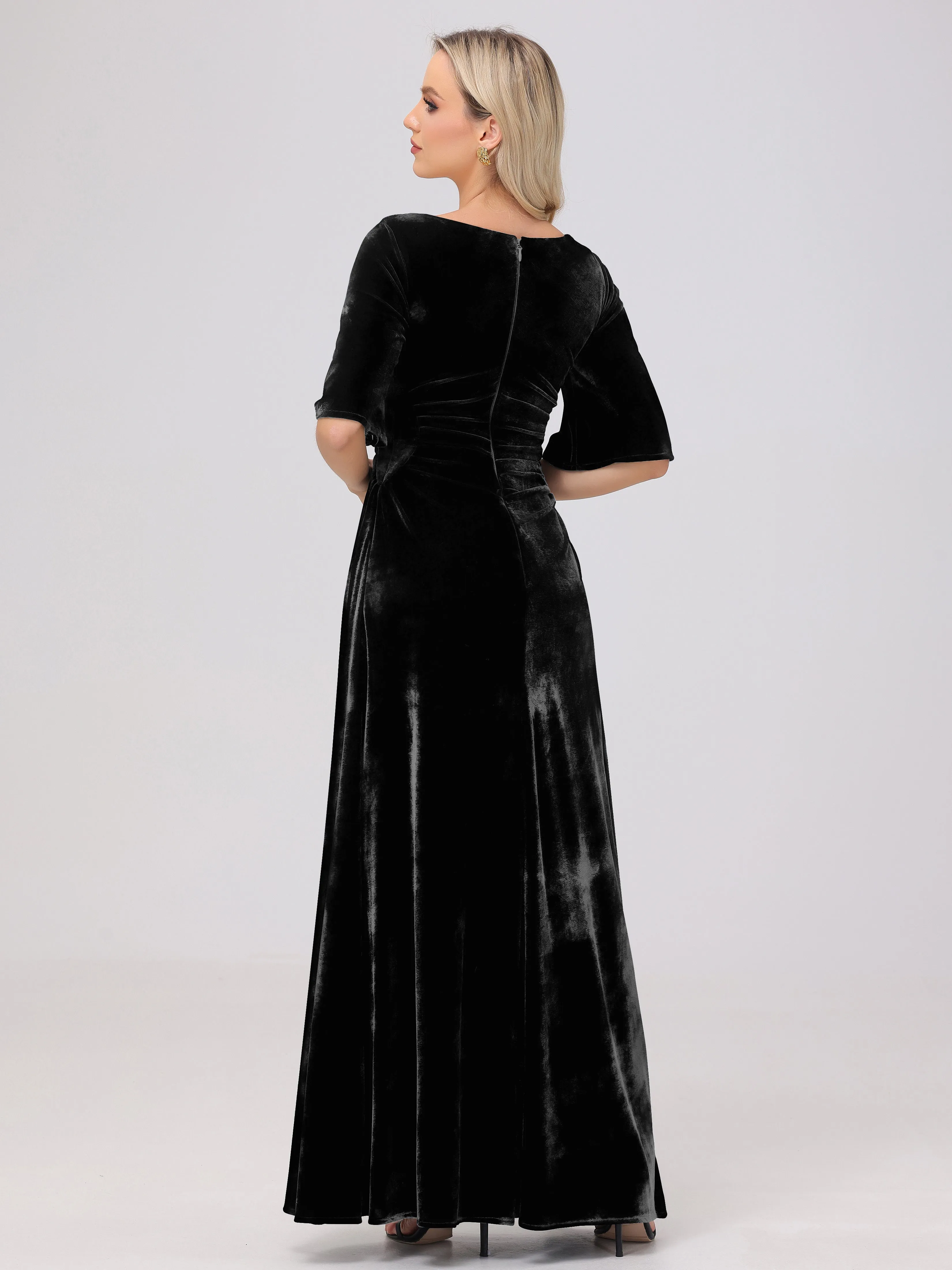 Half Sleeves Square Neck Velvet Bridesmaid Dresses