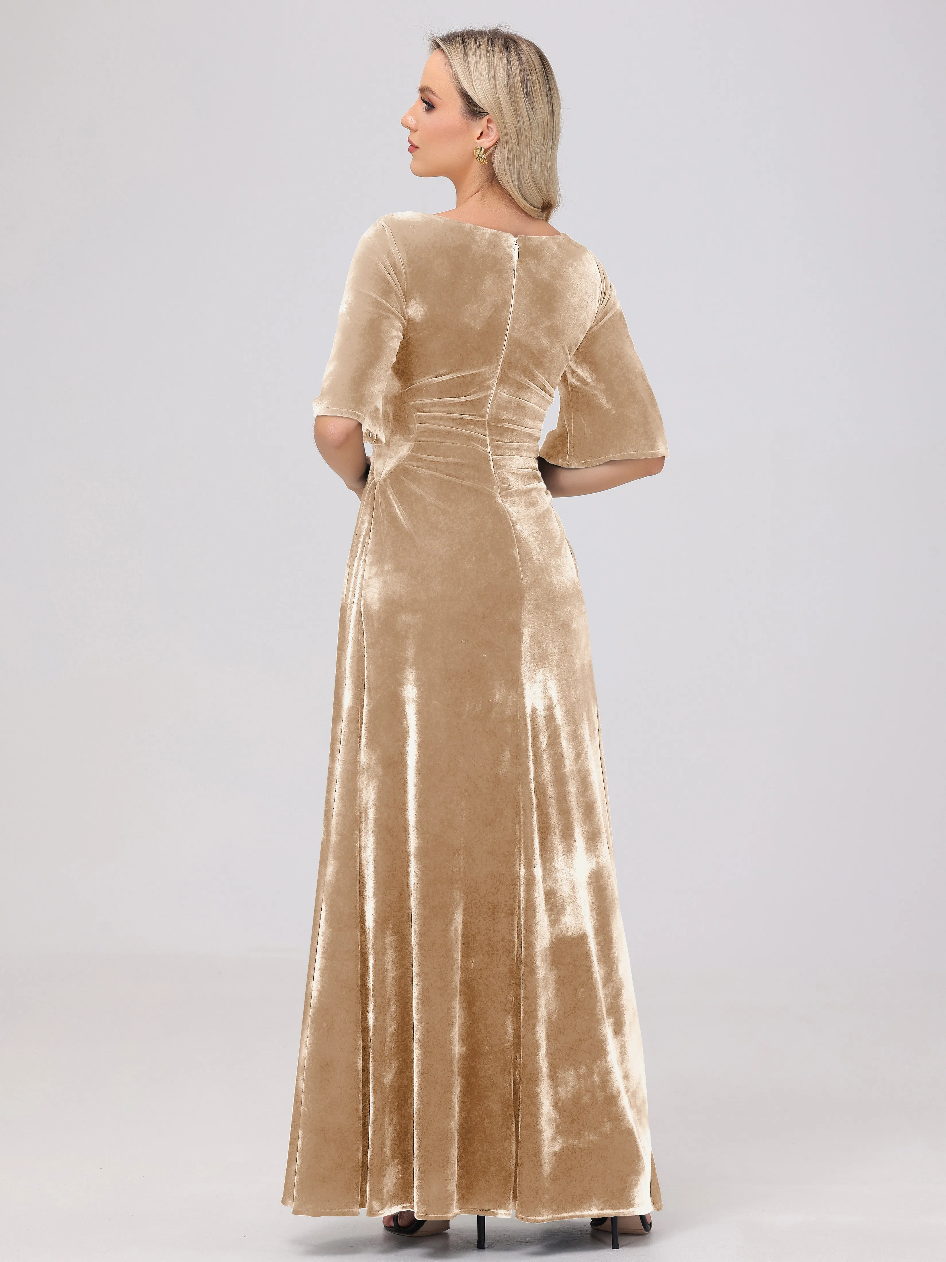 Half Sleeves Square Neck Velvet Bridesmaid Dresses