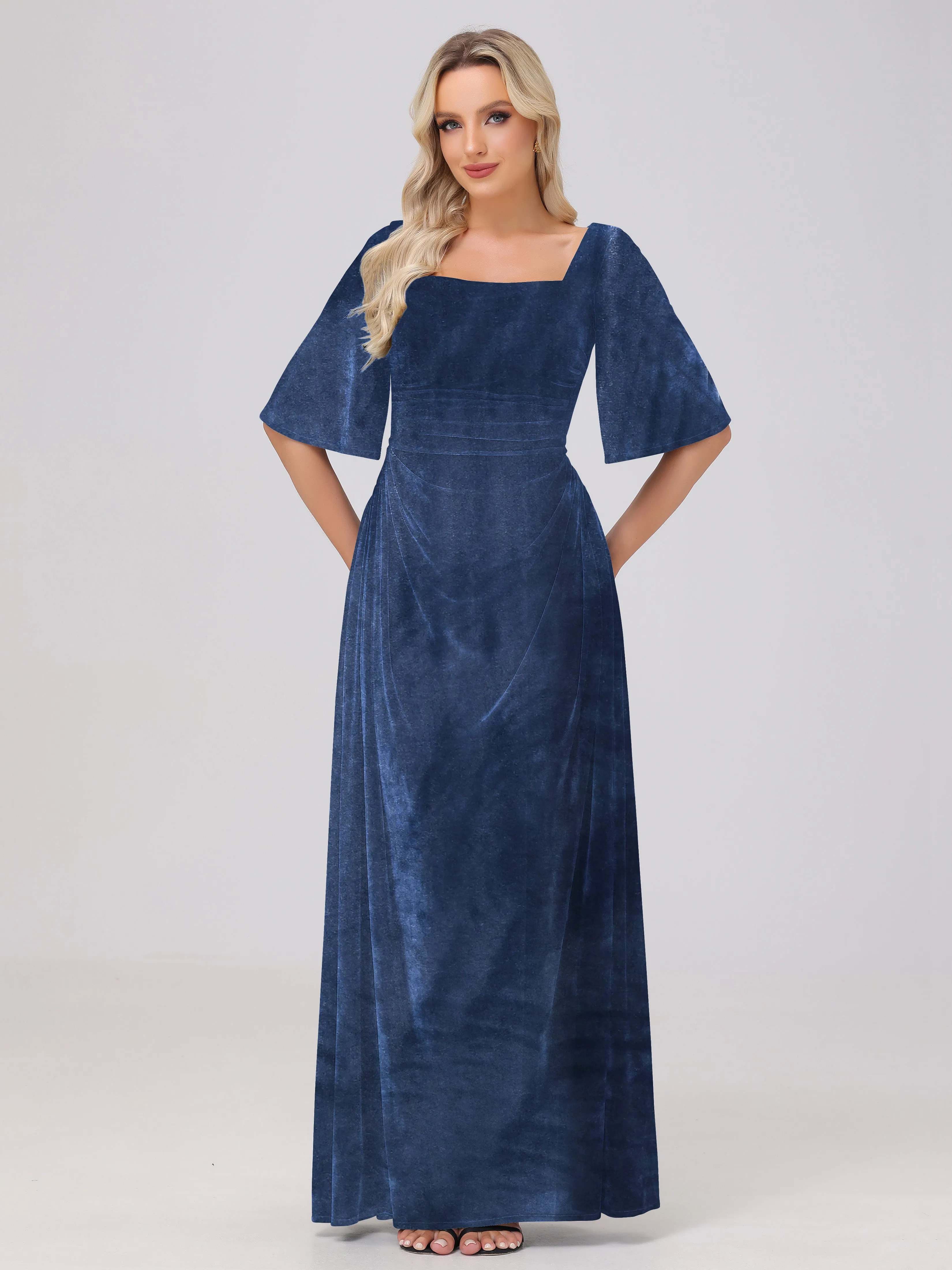 Half Sleeves Square Neck Velvet Bridesmaid Dresses