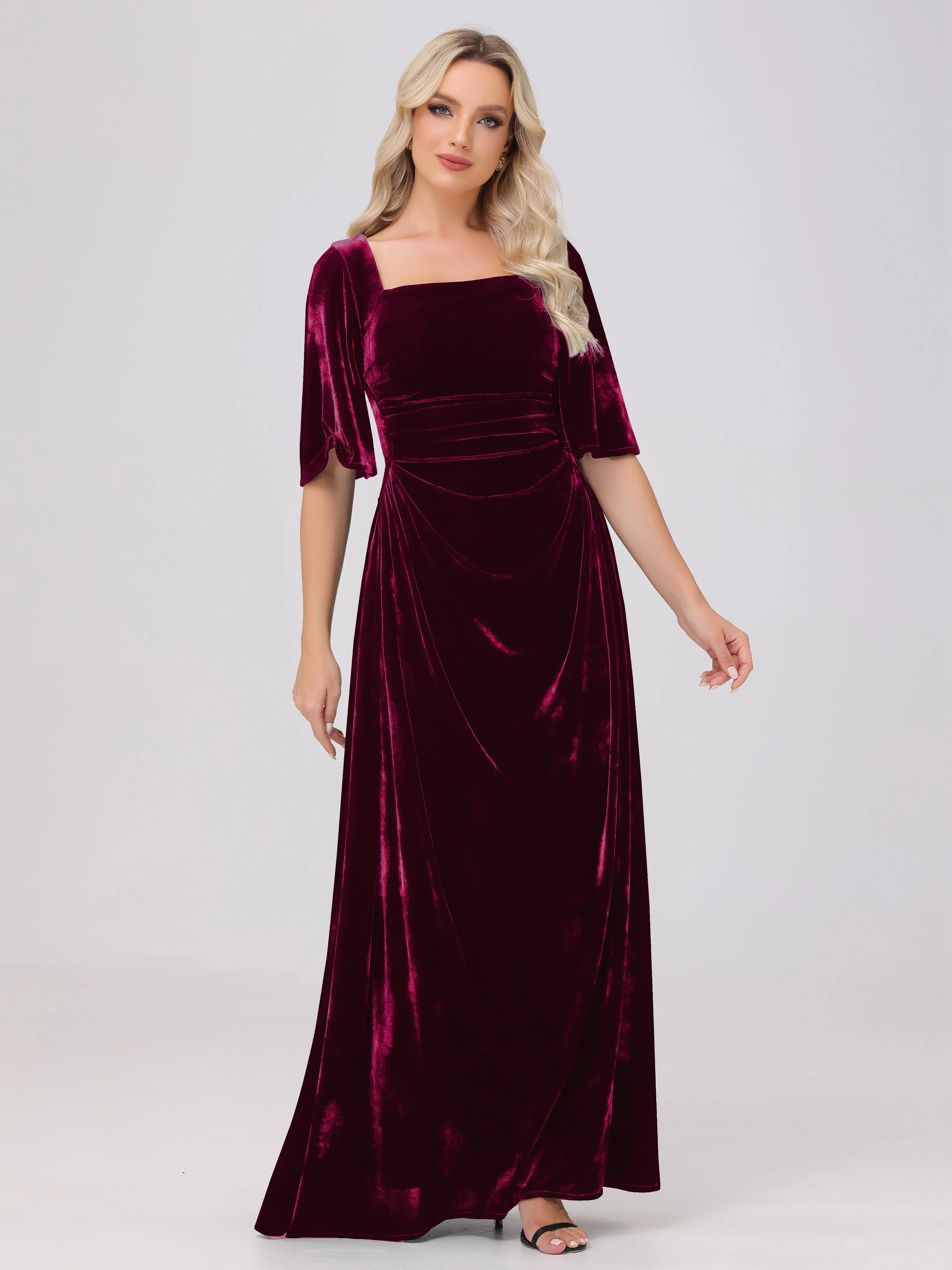 Half Sleeves Square Neck Velvet Bridesmaid Dresses