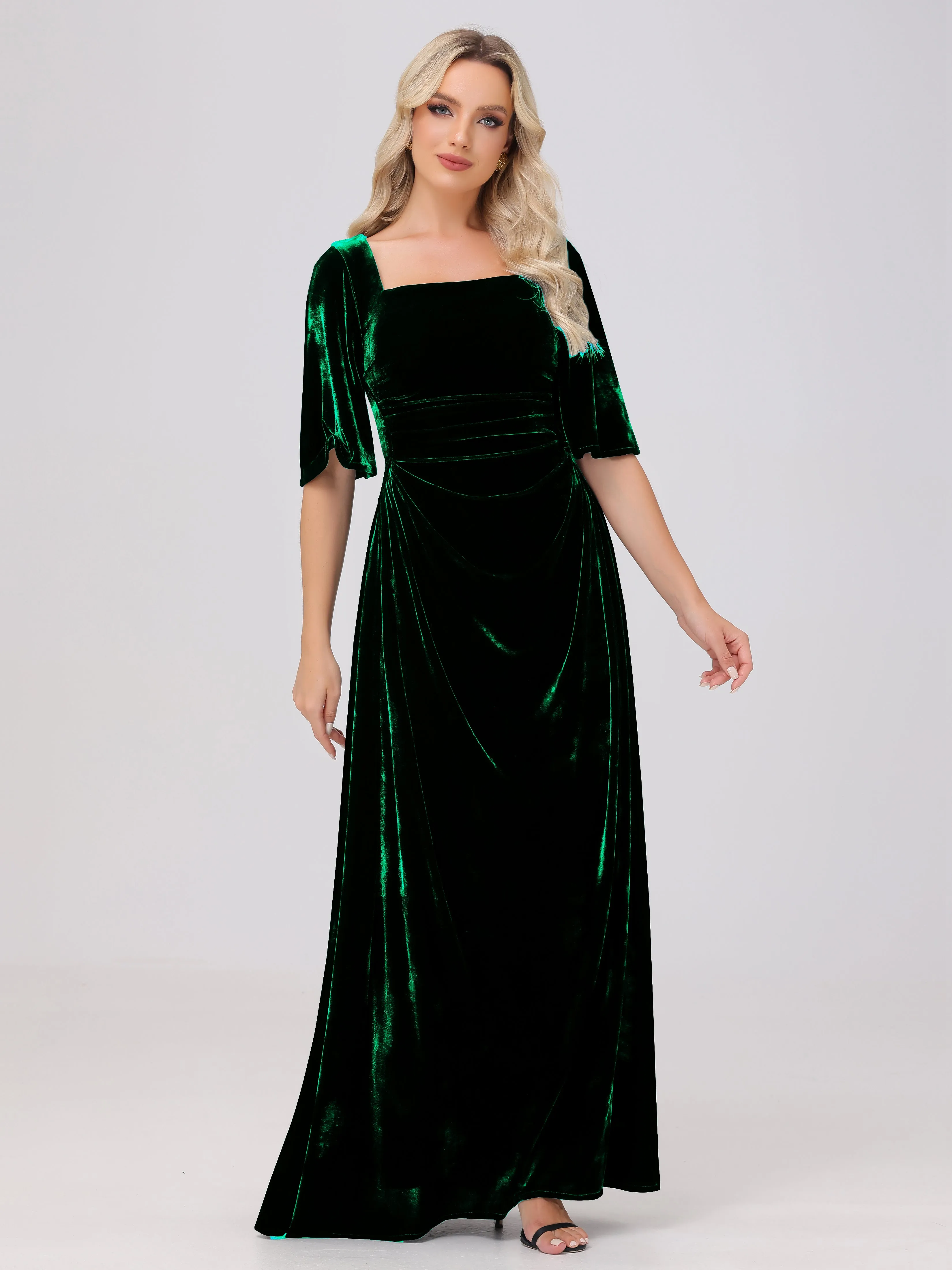 Half Sleeves Square Neck Velvet Bridesmaid Dresses