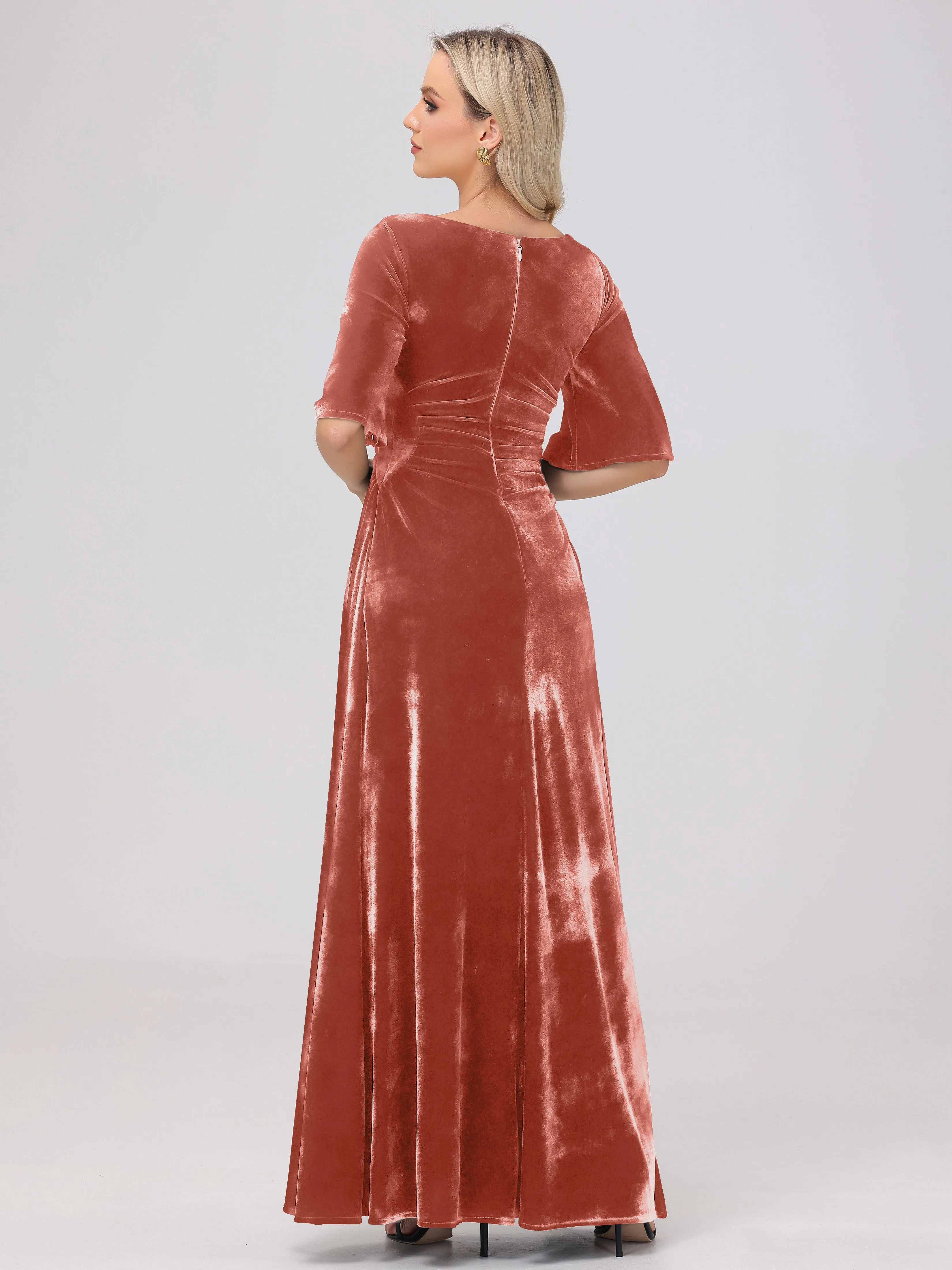 Half Sleeves Square Neck Velvet Bridesmaid Dresses