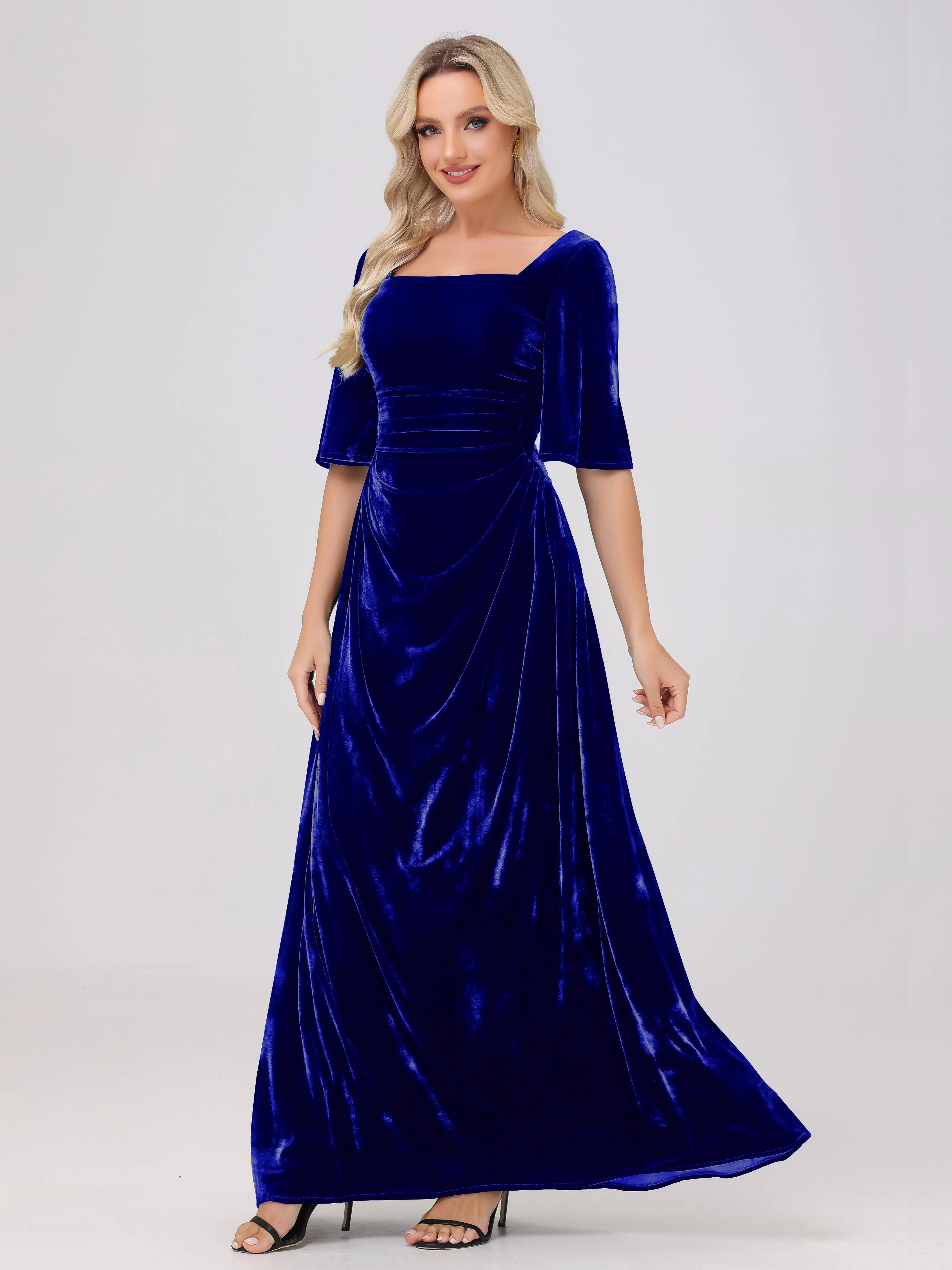 Half Sleeves Square Neck Velvet Bridesmaid Dresses