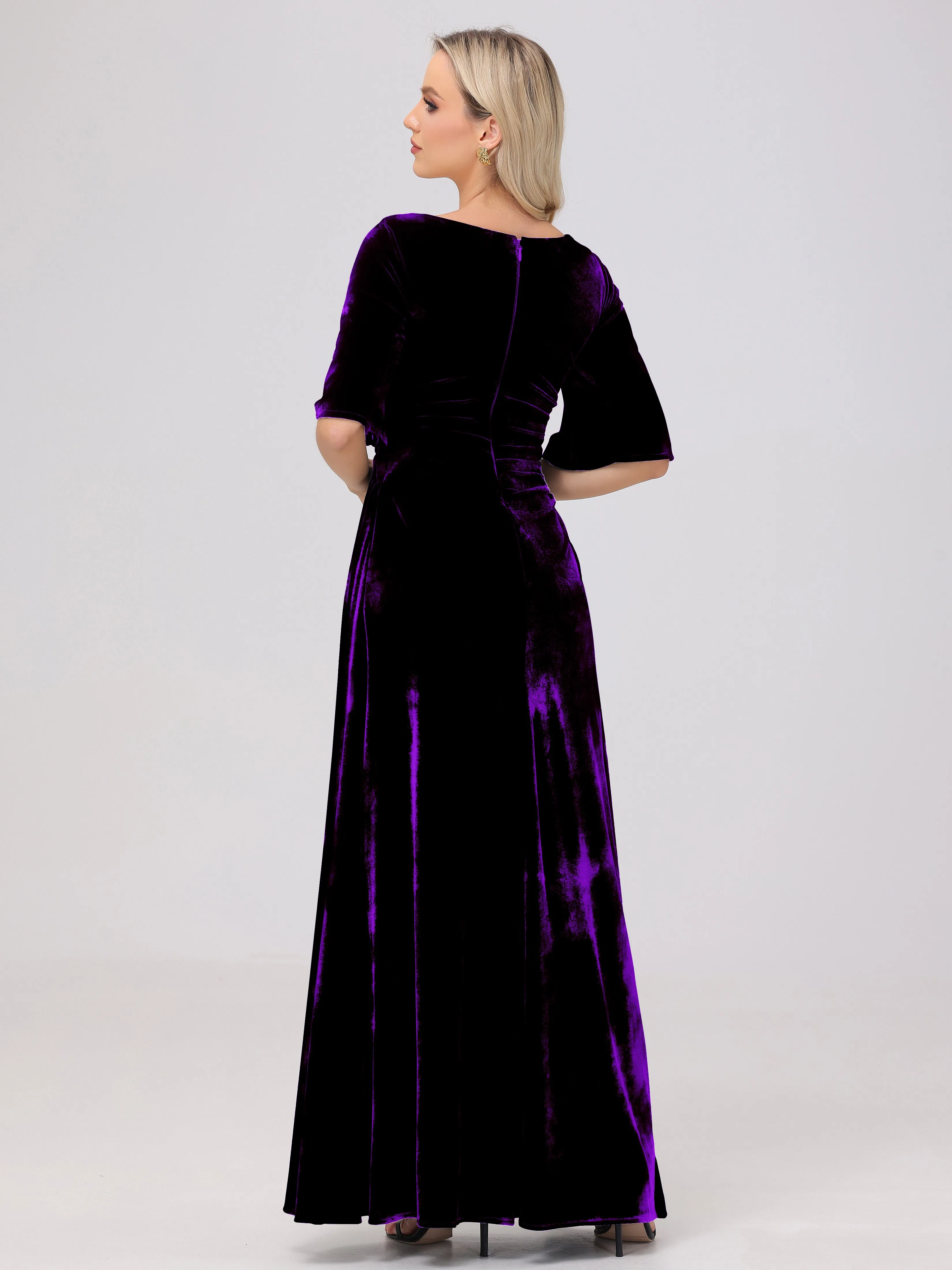 Half Sleeves Square Neck Velvet Bridesmaid Dresses