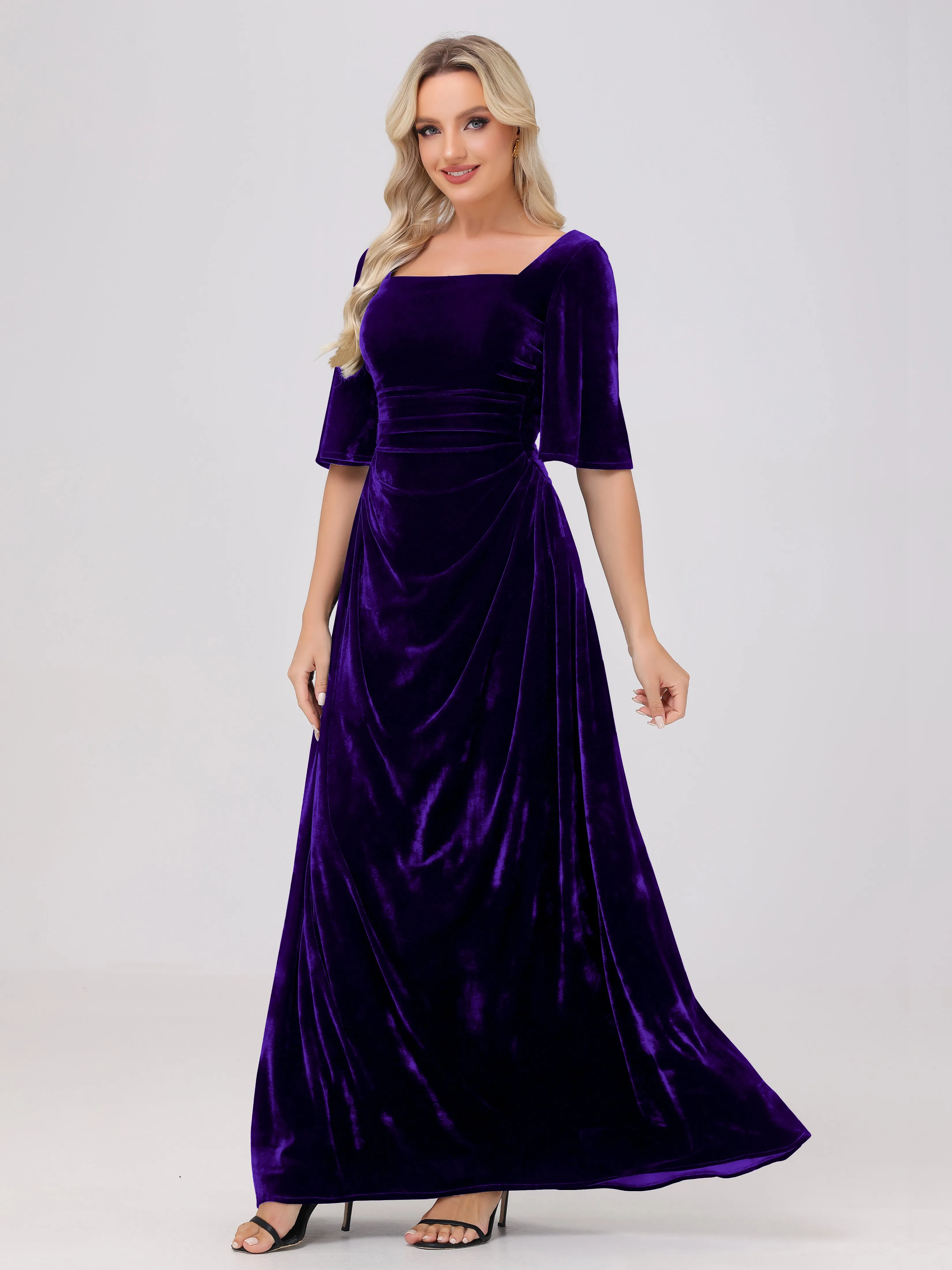 Half Sleeves Square Neck Velvet Bridesmaid Dresses