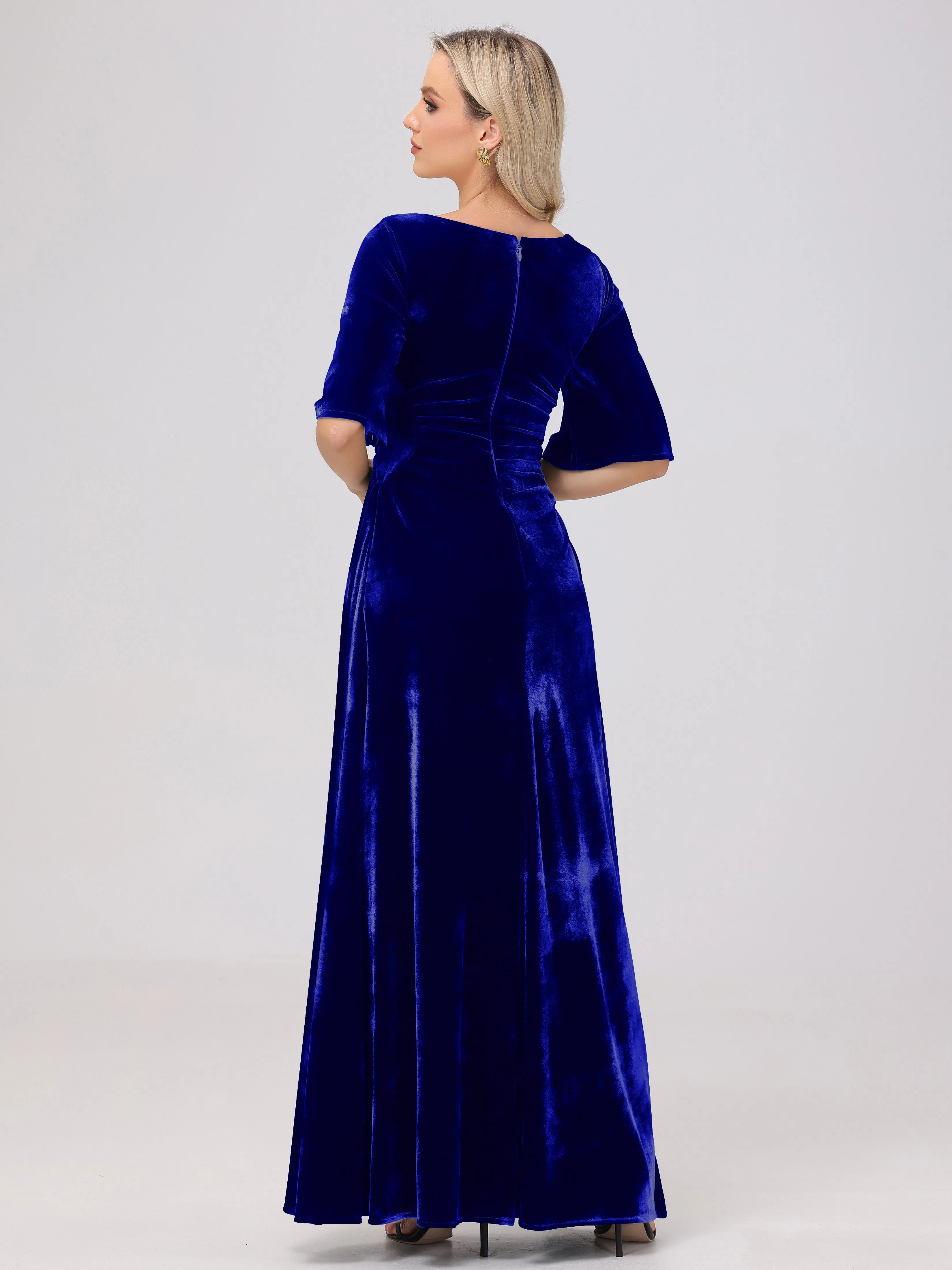 Half Sleeves Square Neck Velvet Bridesmaid Dresses