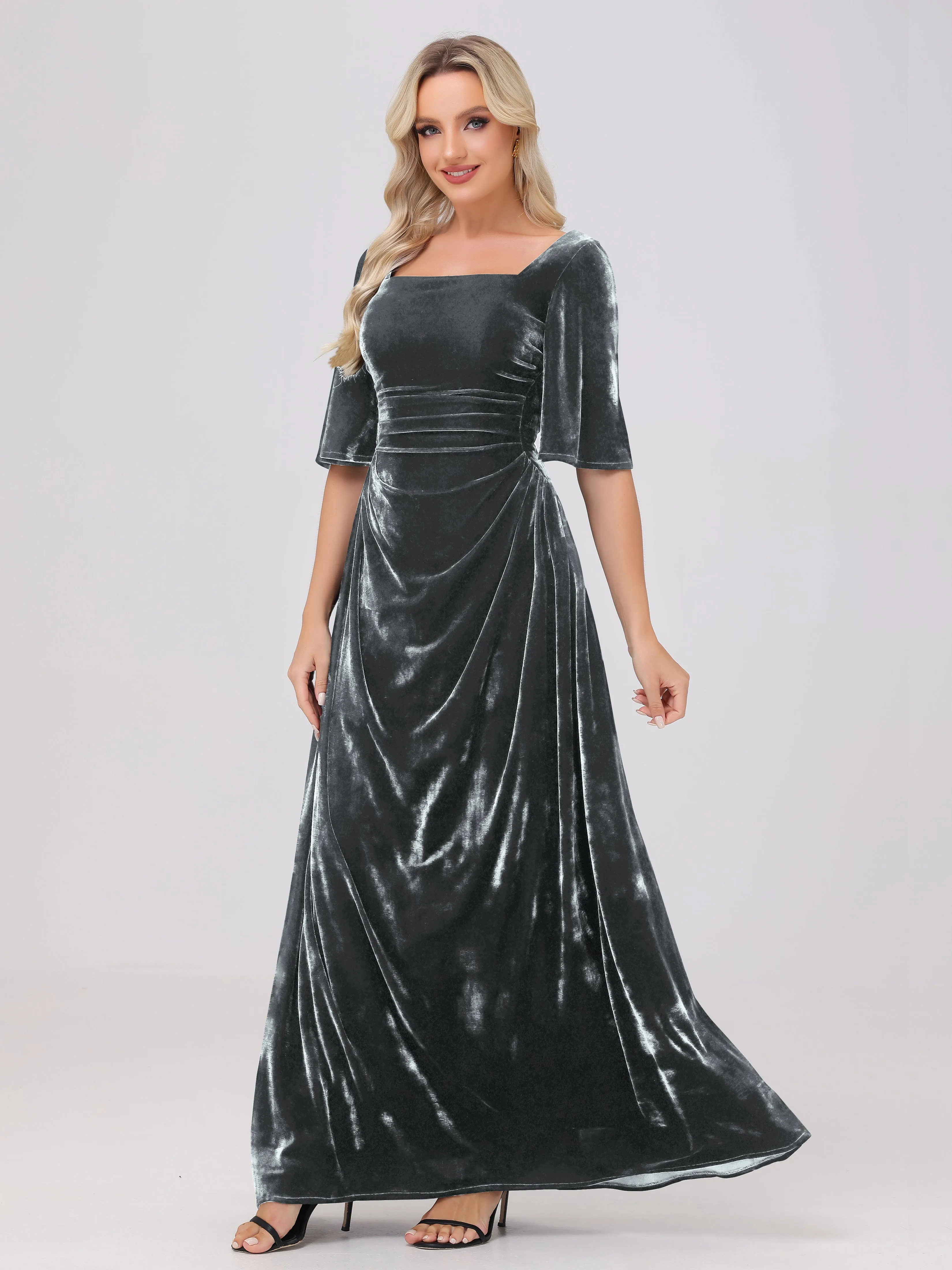 Half Sleeves Square Neck Velvet Bridesmaid Dresses
