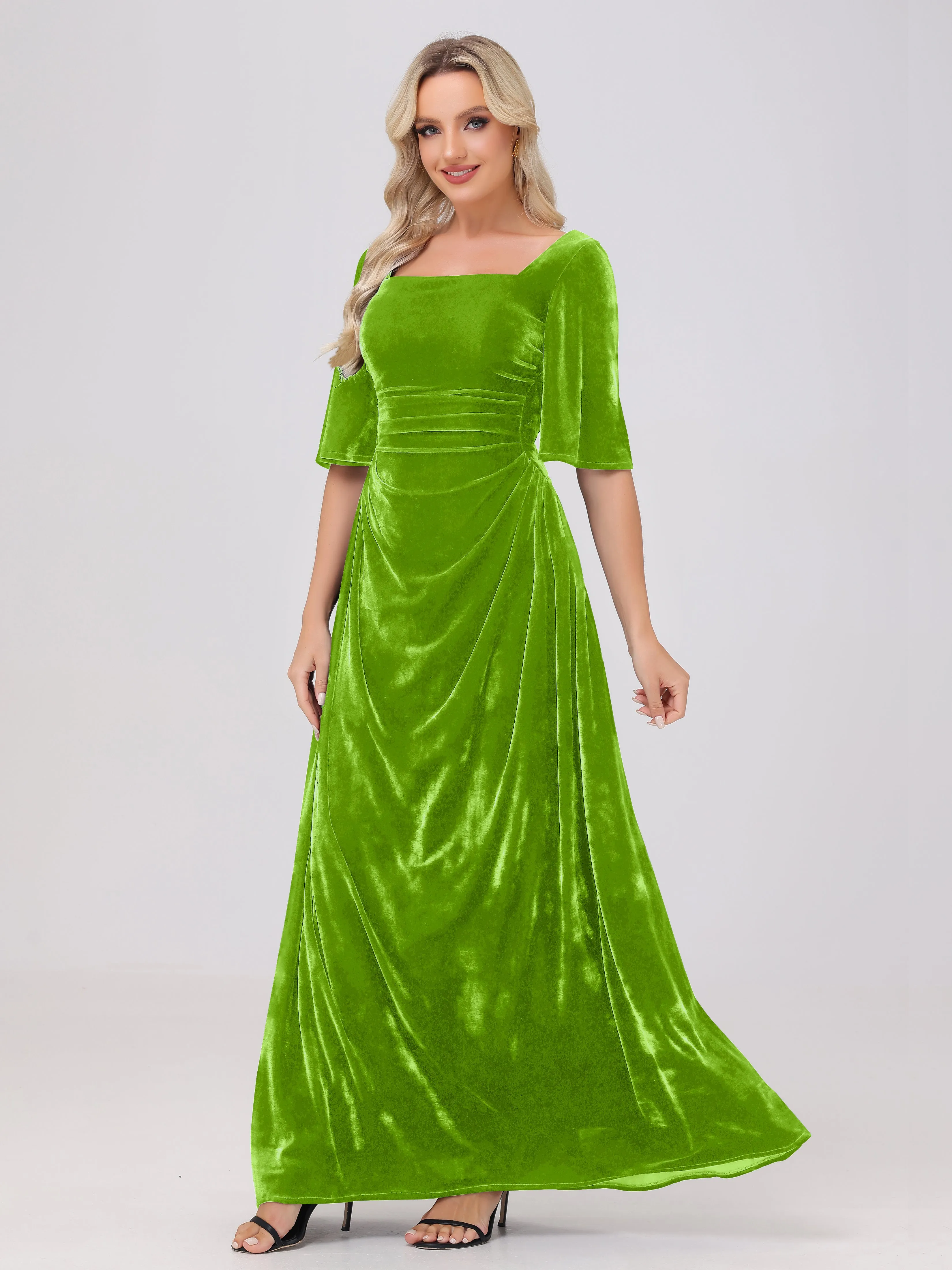 Half Sleeves Square Neck Velvet Bridesmaid Dresses