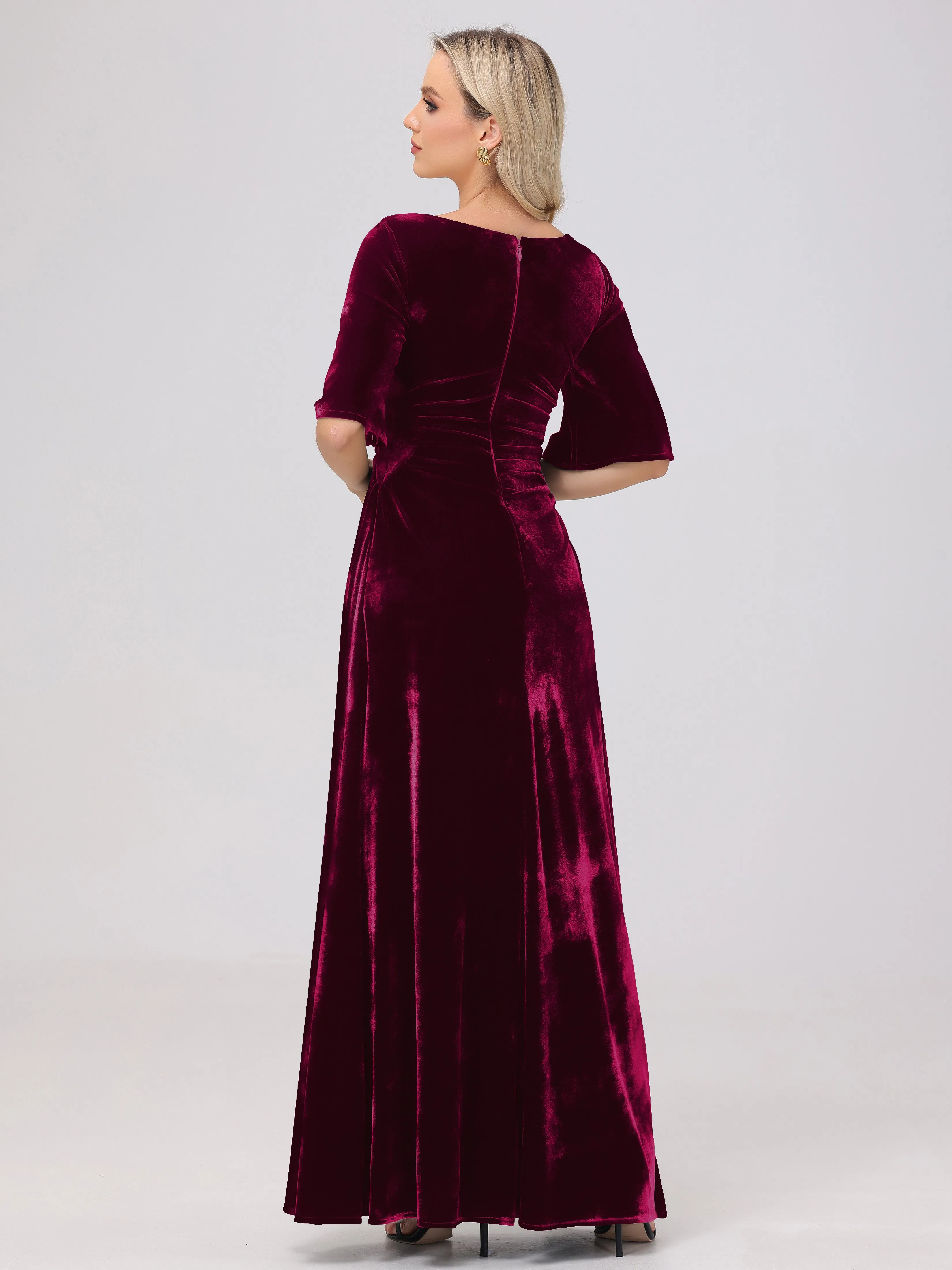 Half Sleeves Square Neck Velvet Bridesmaid Dresses