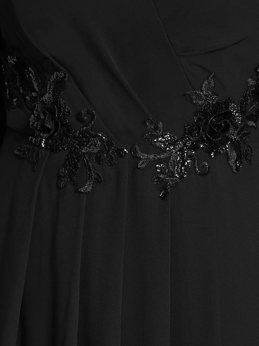 High-Low Chiffon Midi Wedding Guest Dress with Waist Applique and Long Sleeves