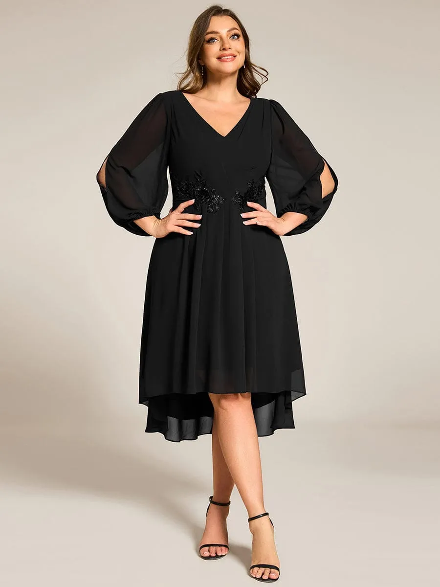 High-Low Chiffon Midi Wedding Guest Dress with Waist Applique and Long Sleeves