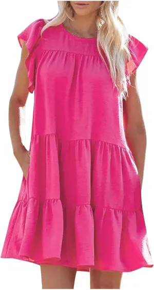 hlysgo Summer Dress for Women 2025 Casual Loose Fit Cap Sleeve Crew Neck Peplum Dresses Trendy Beach Mini Dress with Pockets