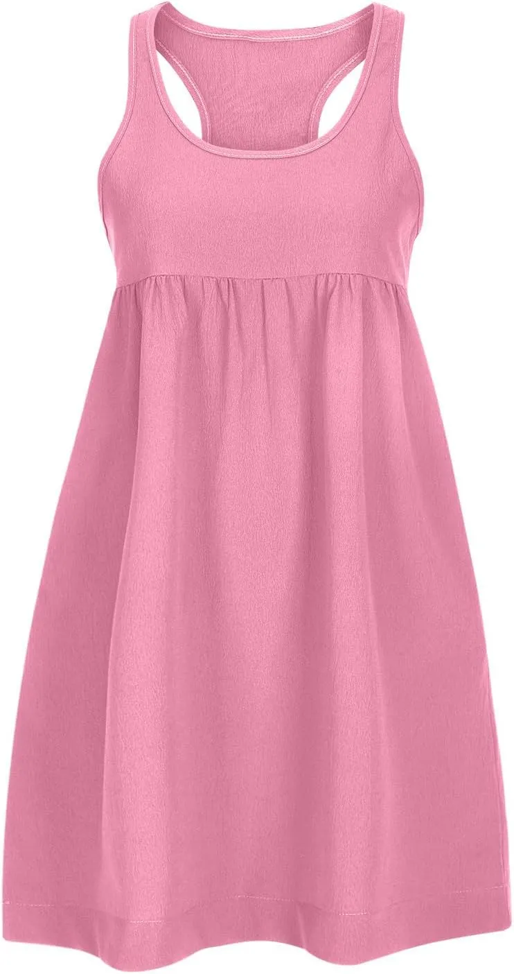 hlysgo Womens Babydoll Dresses Summer Casual Loose Fit Beach Sundress Trendy Sleeveless Crew Neck Mini Dress with Pockets