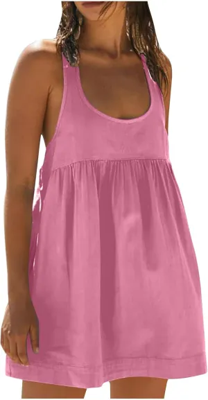hlysgo Womens Babydoll Dresses Summer Casual Loose Fit Beach Sundress Trendy Sleeveless Crew Neck Mini Dress with Pockets