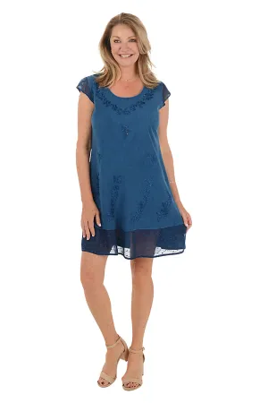 Indigo Embroidered Cap Sleeve Dress