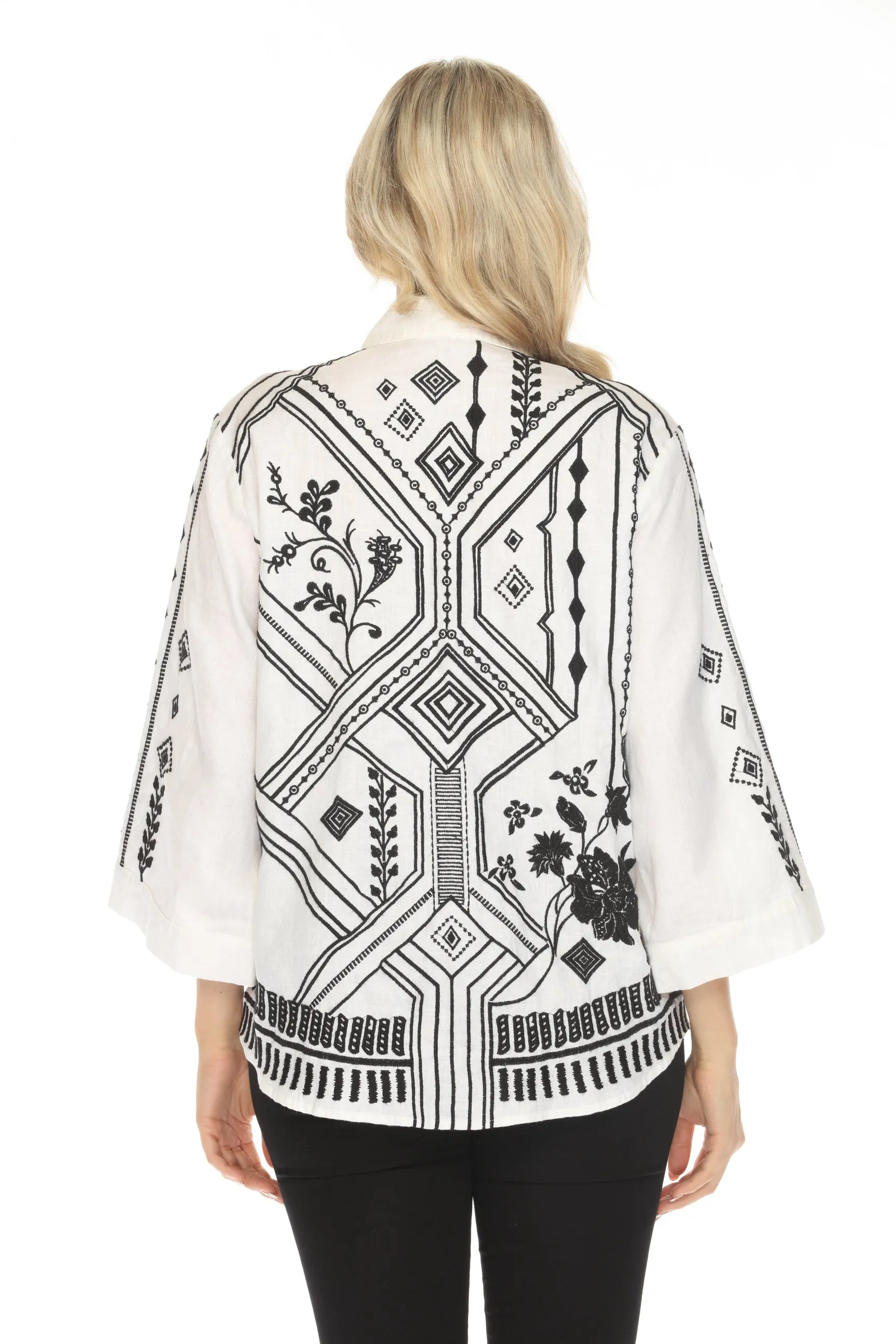 Johnny Was JWLA White Kimono Sleeve Embroidered Shirt J15524 Boho Chic