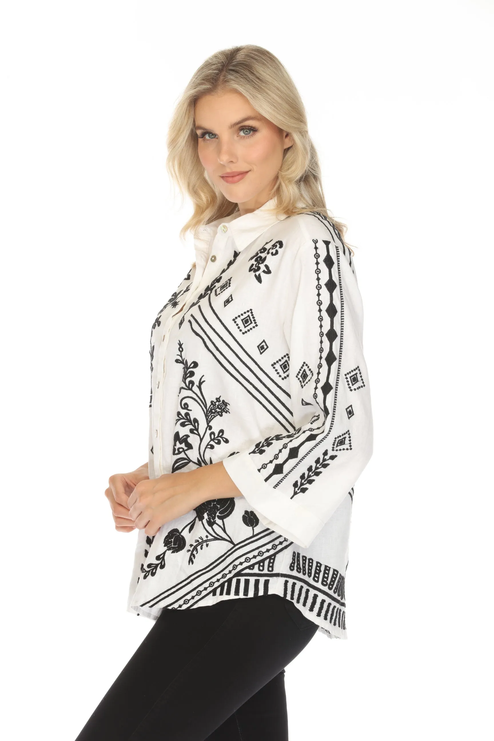 Johnny Was JWLA White Kimono Sleeve Embroidered Shirt J15524 Boho Chic