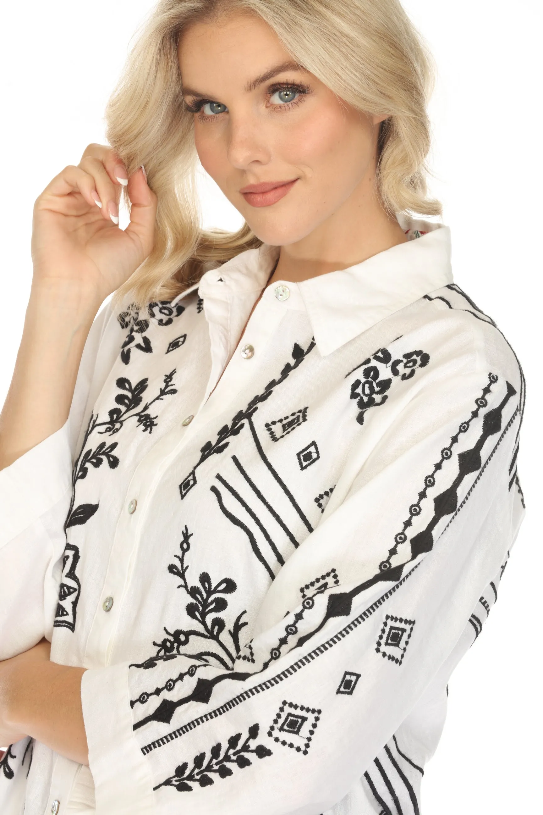Johnny Was JWLA White Kimono Sleeve Embroidered Shirt J15524 Boho Chic