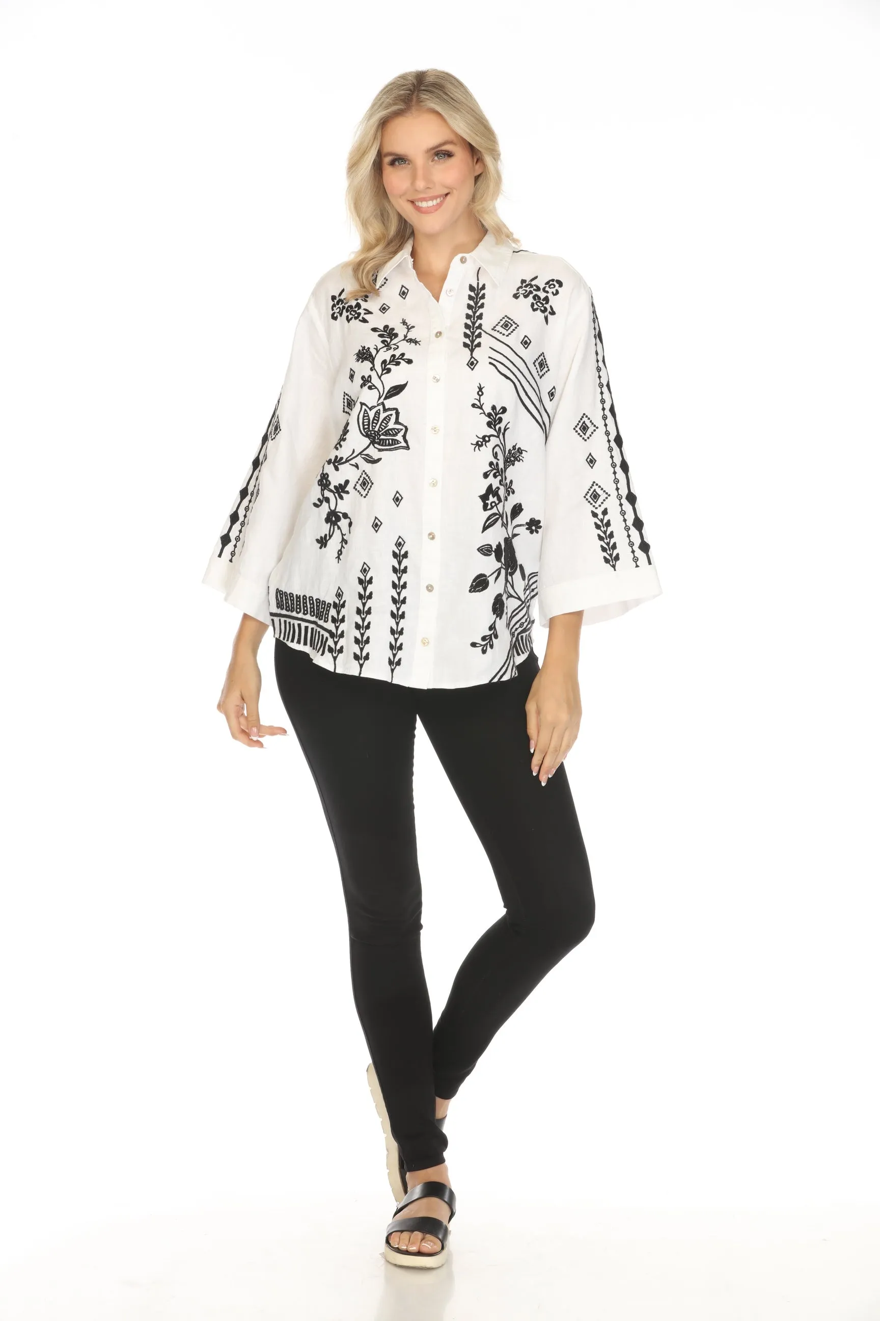 Johnny Was JWLA White Kimono Sleeve Embroidered Shirt J15524 Boho Chic