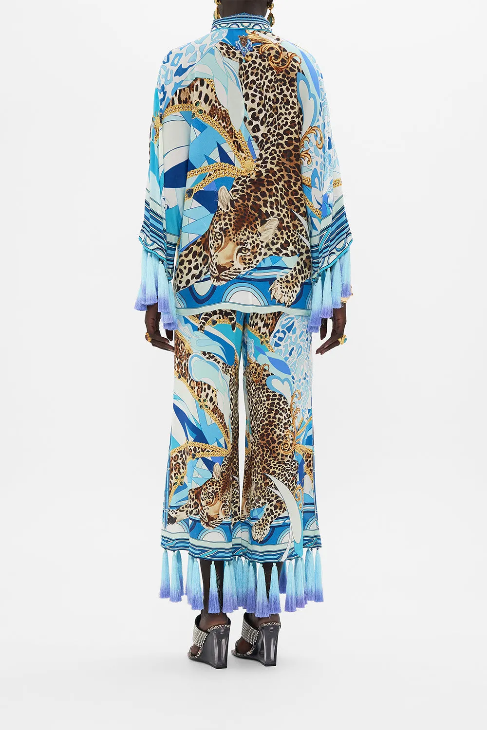 KIMONO SLEEVE BLOUSE WITH OMBRE TASSELS SKY CHEETAH
