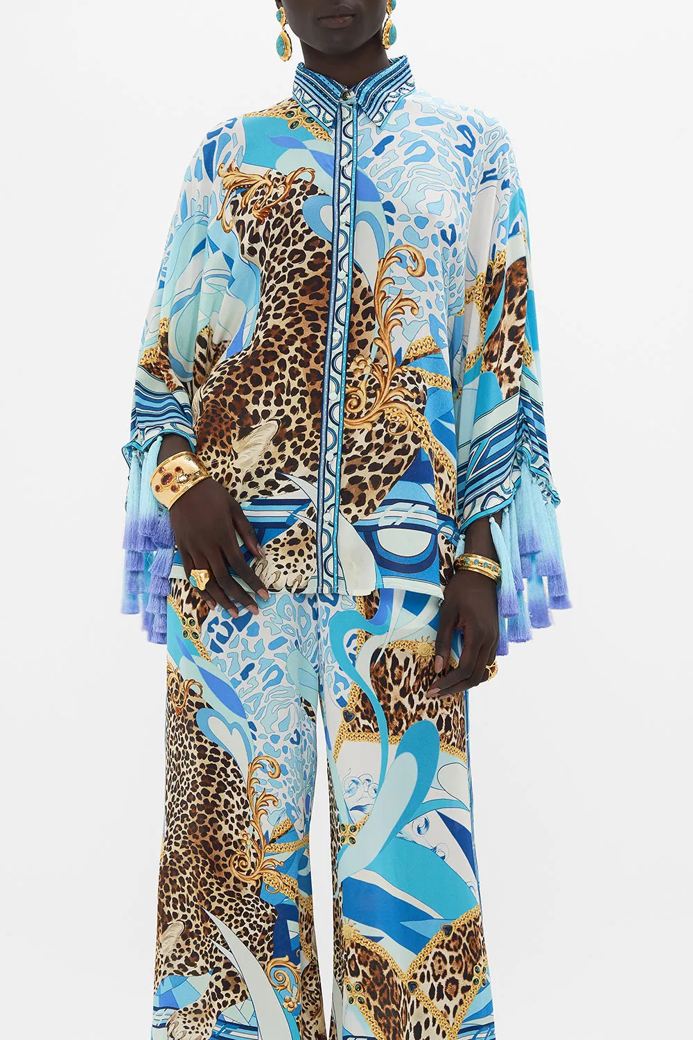 KIMONO SLEEVE BLOUSE WITH OMBRE TASSELS SKY CHEETAH
