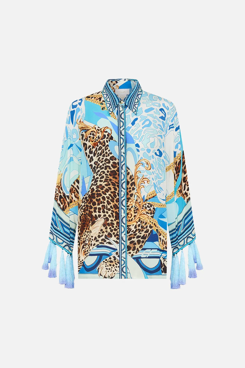 KIMONO SLEEVE BLOUSE WITH OMBRE TASSELS SKY CHEETAH