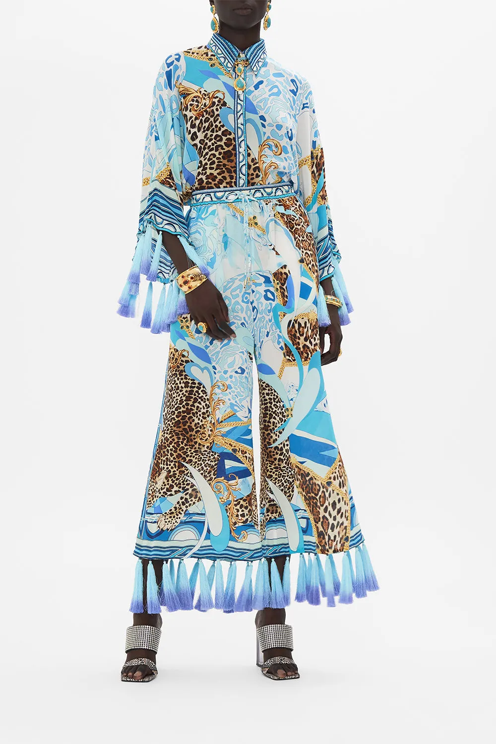 KIMONO SLEEVE BLOUSE WITH OMBRE TASSELS SKY CHEETAH