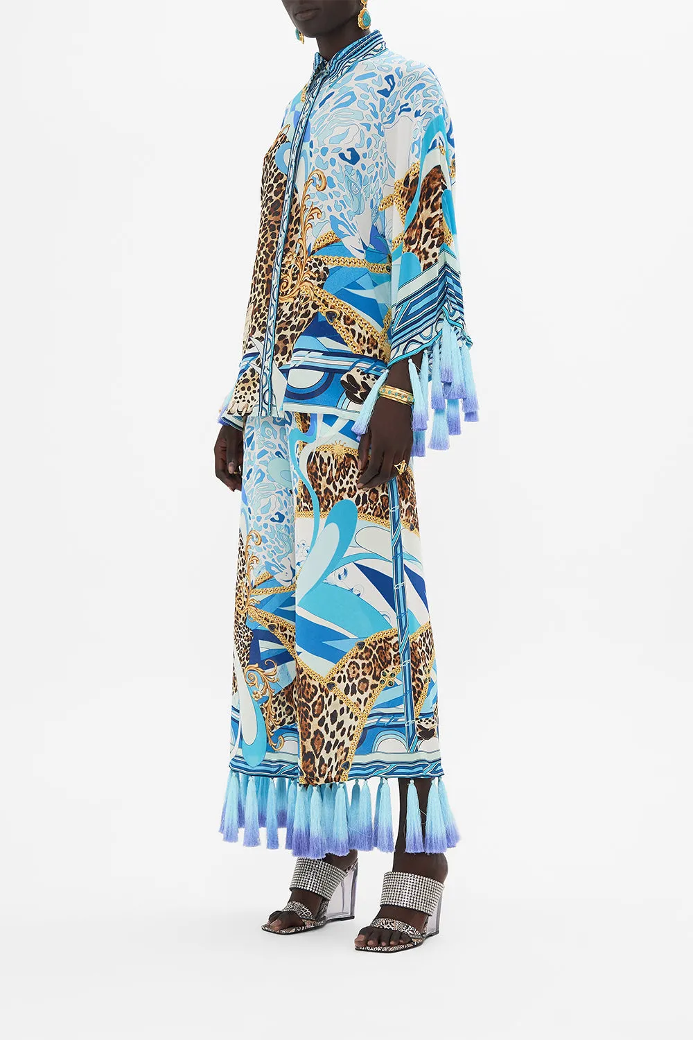 KIMONO SLEEVE BLOUSE WITH OMBRE TASSELS SKY CHEETAH