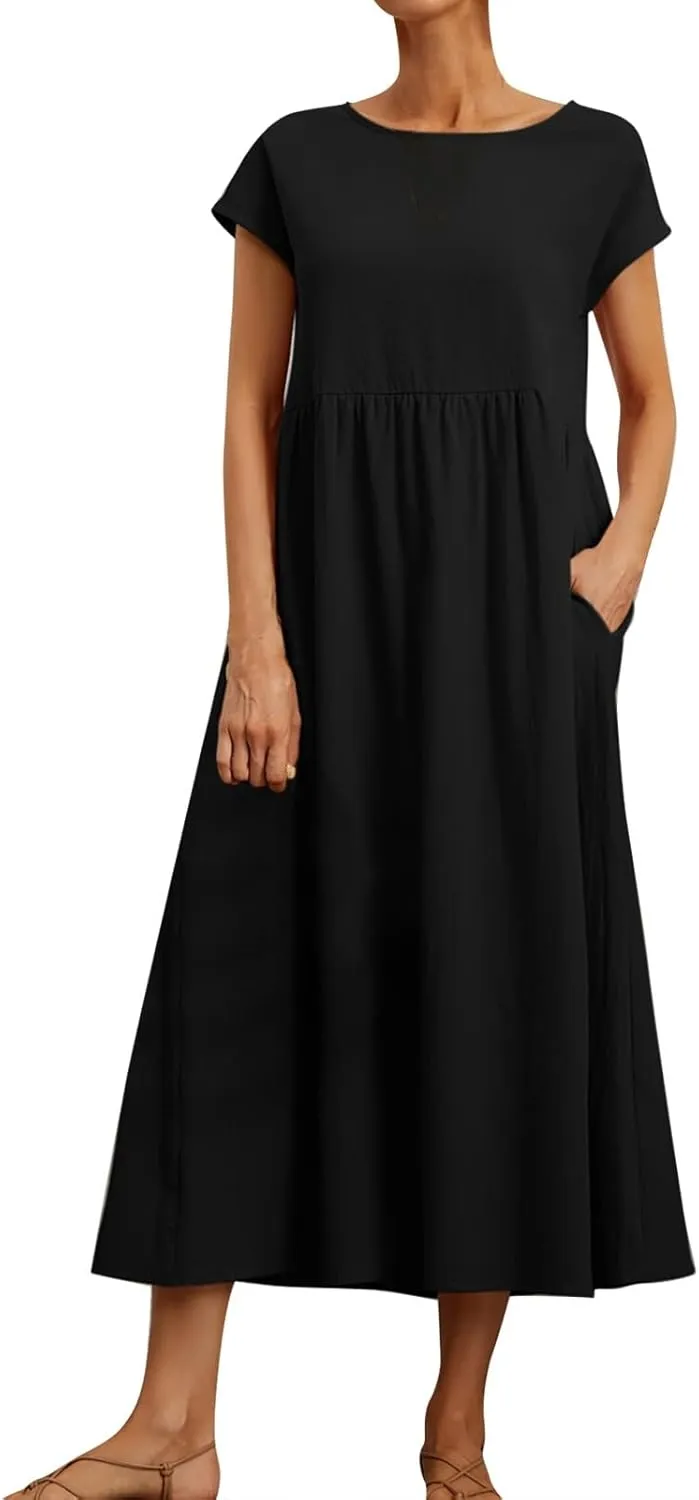Linen Dresses for Women 2024 Casual Summer Vacation Midi Dress Comfy Loose Fit Smocked Short Sleeve Sun Dresses