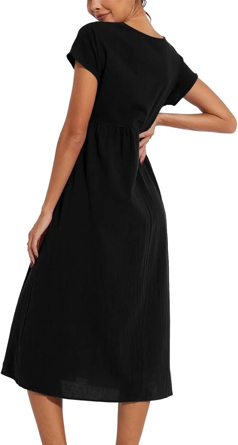 Linen Dresses for Women 2024 Casual Summer Vacation Midi Dress Comfy Loose Fit Smocked Short Sleeve Sun Dresses