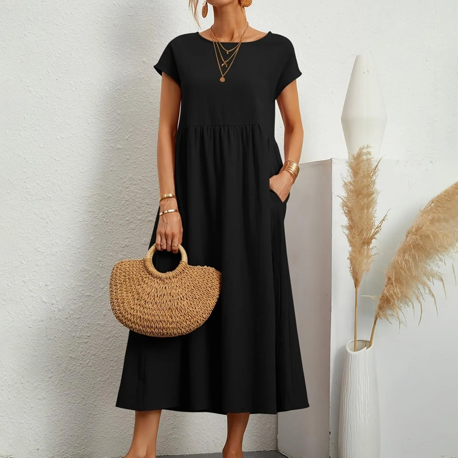 Linen Dresses for Women 2024 Casual Summer Vacation Midi Dress Comfy Loose Fit Smocked Short Sleeve Sun Dresses