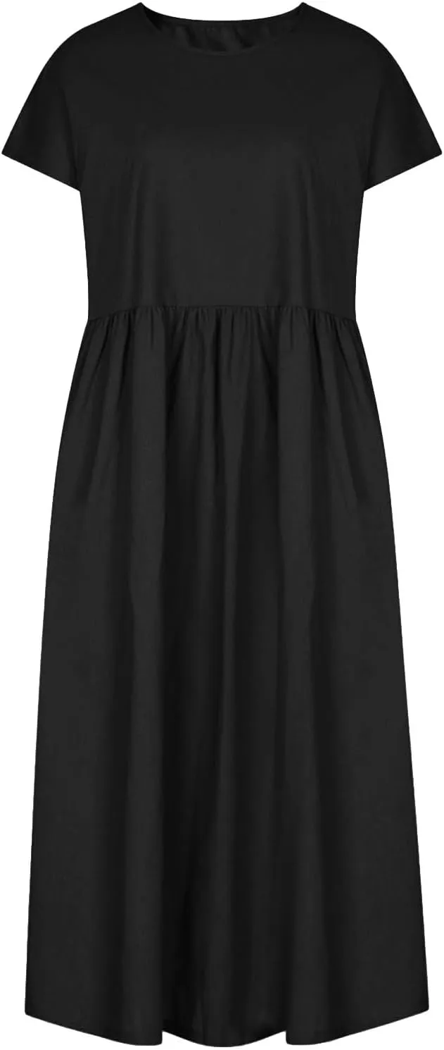 Linen Dresses for Women 2024 Casual Summer Vacation Midi Dress Comfy Loose Fit Smocked Short Sleeve Sun Dresses