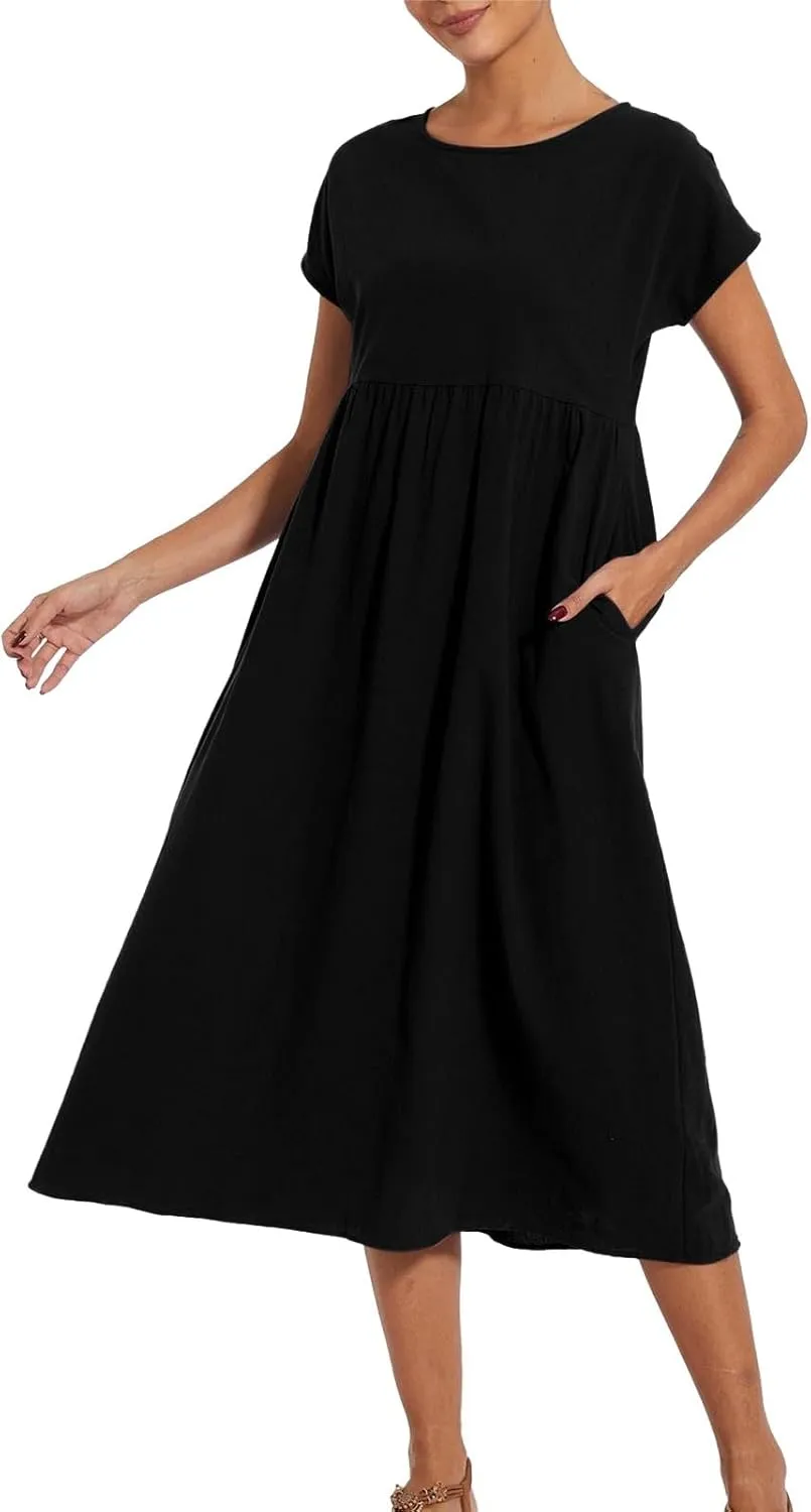 Linen Dresses for Women 2024 Casual Summer Vacation Midi Dress Comfy Loose Fit Smocked Short Sleeve Sun Dresses