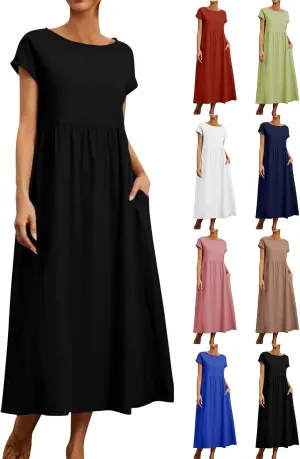 Linen Dresses for Women 2024 Casual Summer Vacation Midi Dress Comfy Loose Fit Smocked Short Sleeve Sun Dresses