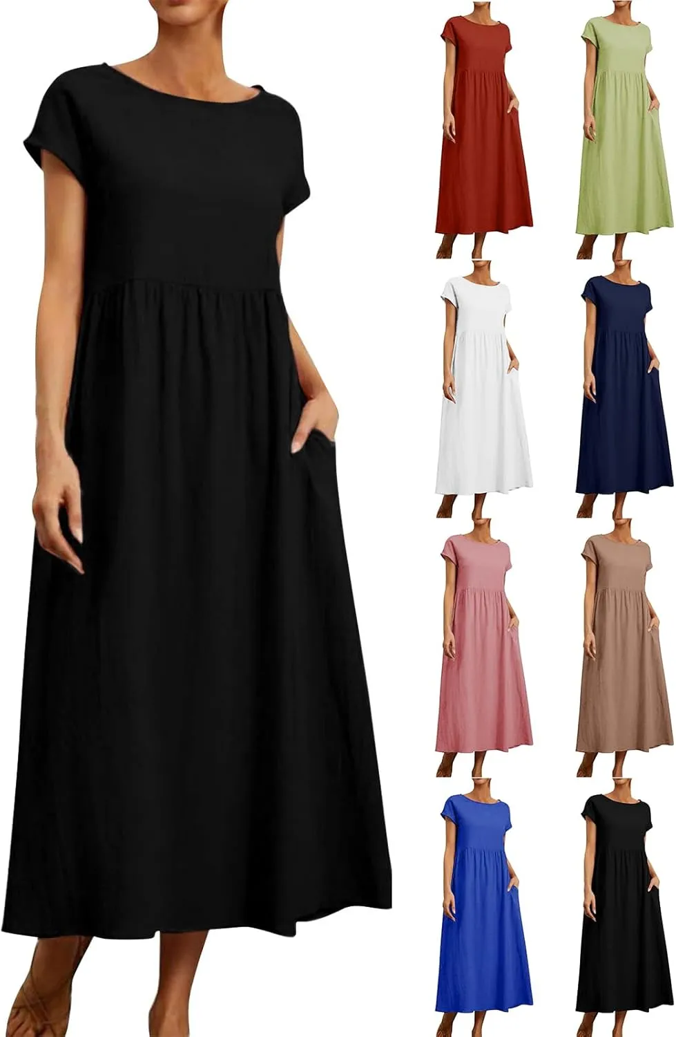 Linen Dresses for Women 2024 Casual Summer Vacation Midi Dress Comfy Loose Fit Smocked Short Sleeve Sun Dresses