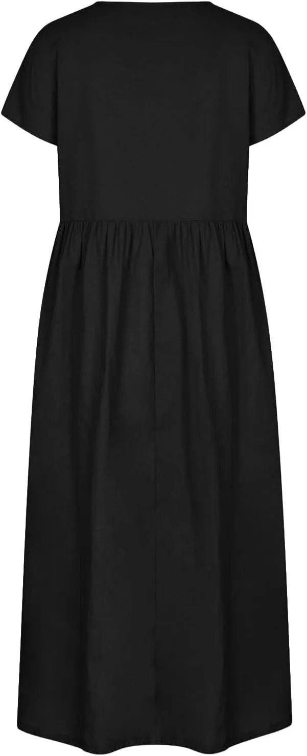 Linen Dresses for Women 2024 Casual Summer Vacation Midi Dress Comfy Loose Fit Smocked Short Sleeve Sun Dresses