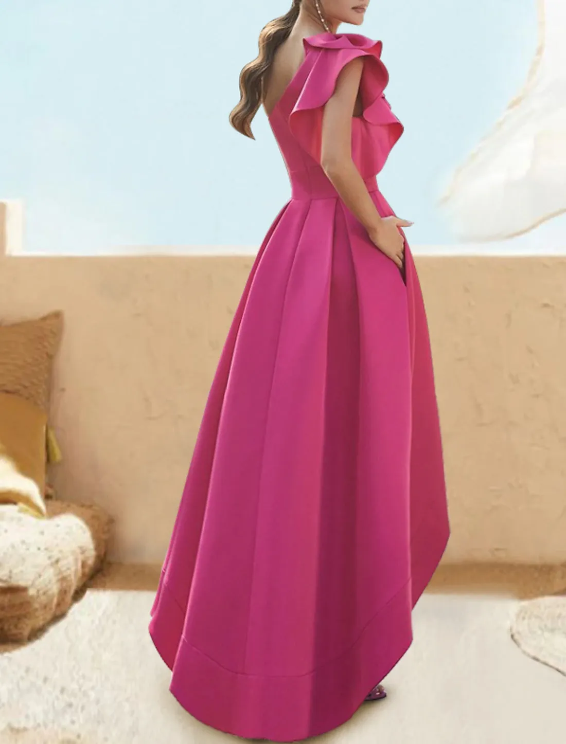 Luolandi A-Line Cocktail Dresses Elegant Dress Wedding Guest Party Wear Asymmetrical Sleeveless One Shoulder Satin with Ruffles