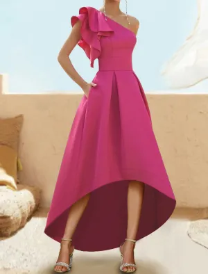 Luolandi A-Line Cocktail Dresses Elegant Dress Wedding Guest Party Wear Asymmetrical Sleeveless One Shoulder Satin with Ruffles