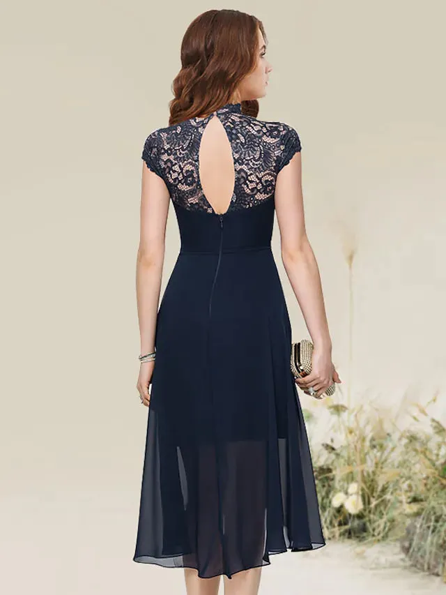 Luolandi A-Line Cocktail Dresses Flirty Dress Homecoming Asymmetrical Sleeveless Jewel Neck Chiffon with Lace