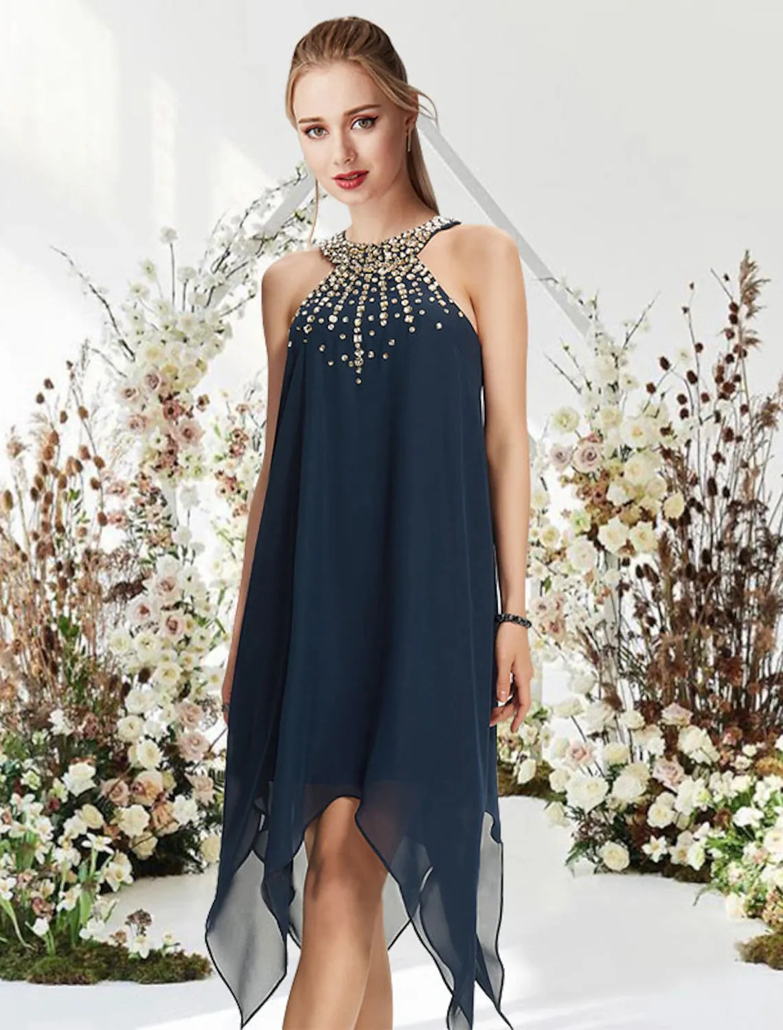 Luolandi A-Line Cocktail Dresses Flirty Dress Wedding Guest Asymmetrical Sleeveless Halter Chiffon with Crystals