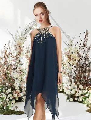 Luolandi A-Line Cocktail Dresses Flirty Dress Wedding Guest Asymmetrical Sleeveless Halter Chiffon with Crystals