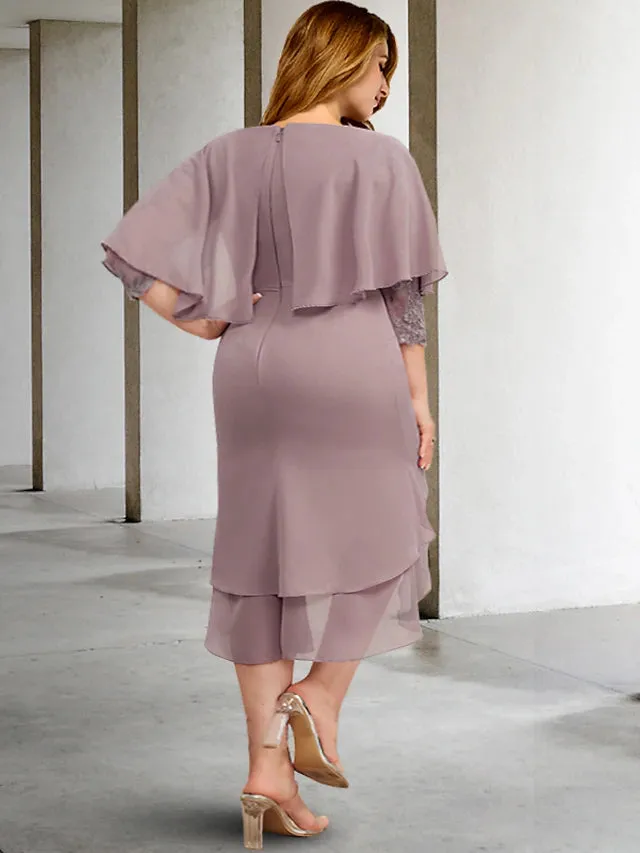 Luolandi A-Line Plus Size Curve Mother of the Bride Dresses Elegant Dress Formal Asymmetrical 3/4 Length Sleeve Jewel Neck Chiffon