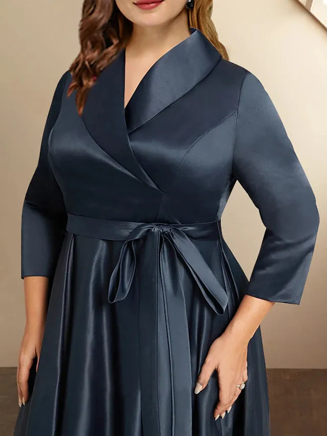 Luolandi A-Line Plus Size Curve Mother of the Bride Dresses High Low Dress Formal Asymmetrical 3/4 Length Sleeve Shirt Collar Satin with Bow(s)