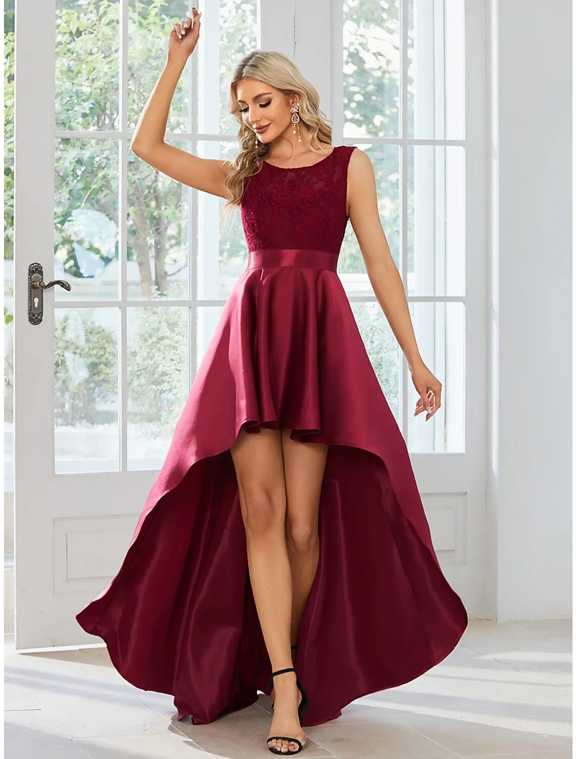 Luolandi A-Line Wedding Guest Dresses Casual Dress Party Wear Asymmetrical Sleeveless Jewel Neck Satin