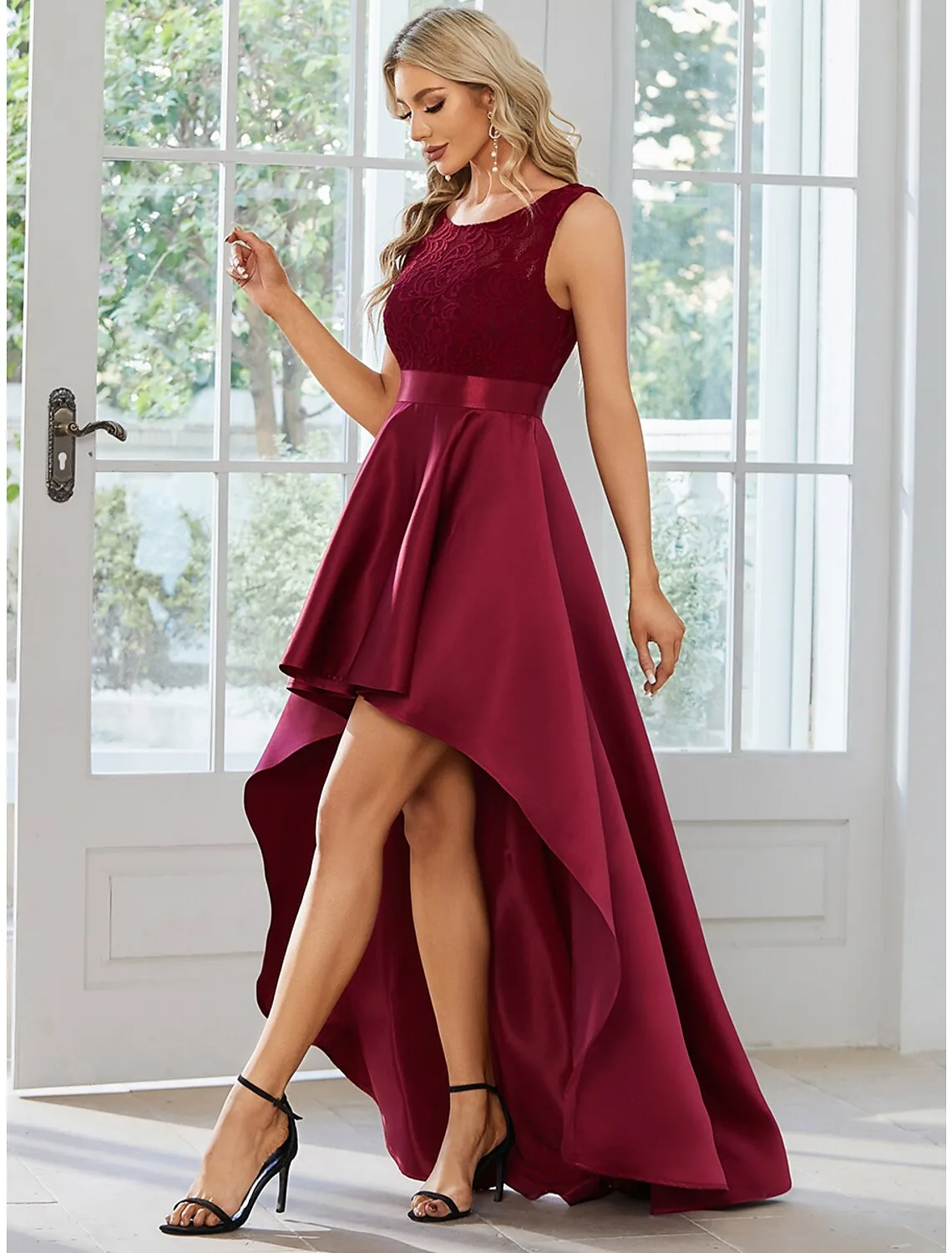 Luolandi A-Line Wedding Guest Dresses Casual Dress Party Wear Asymmetrical Sleeveless Jewel Neck Satin