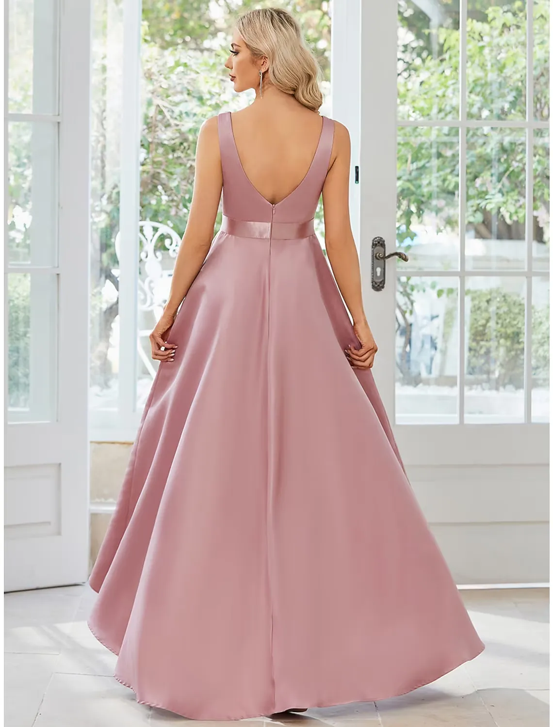 Luolandi A-Line Wedding Guest Dresses Casual Dress Party Wear Asymmetrical Sleeveless V Neck Satin with Ruffles