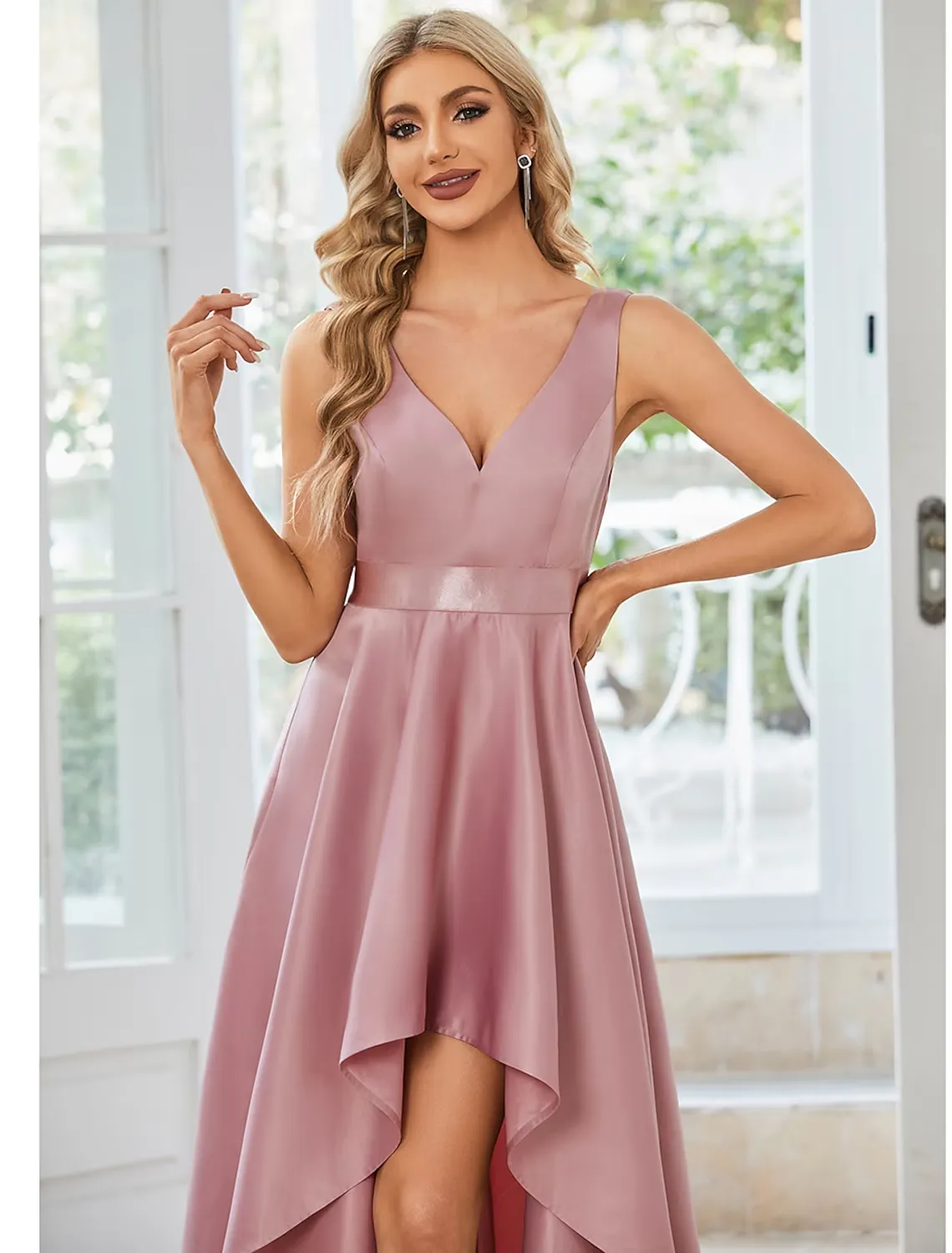 Luolandi A-Line Wedding Guest Dresses Casual Dress Party Wear Asymmetrical Sleeveless V Neck Satin with Ruffles