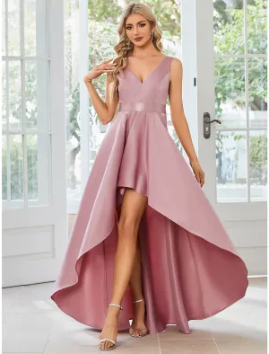 Luolandi A-Line Wedding Guest Dresses Casual Dress Party Wear Asymmetrical Sleeveless V Neck Satin with Ruffles