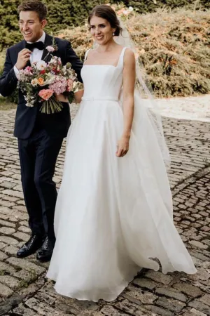 Luolandi Chaming A-Line Square Neck White Wedding Dresses Simple Elegant